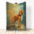 English Cocker Spaniel blanket with golden dog artwork, butterflies, wildflowers, and teal artistic background