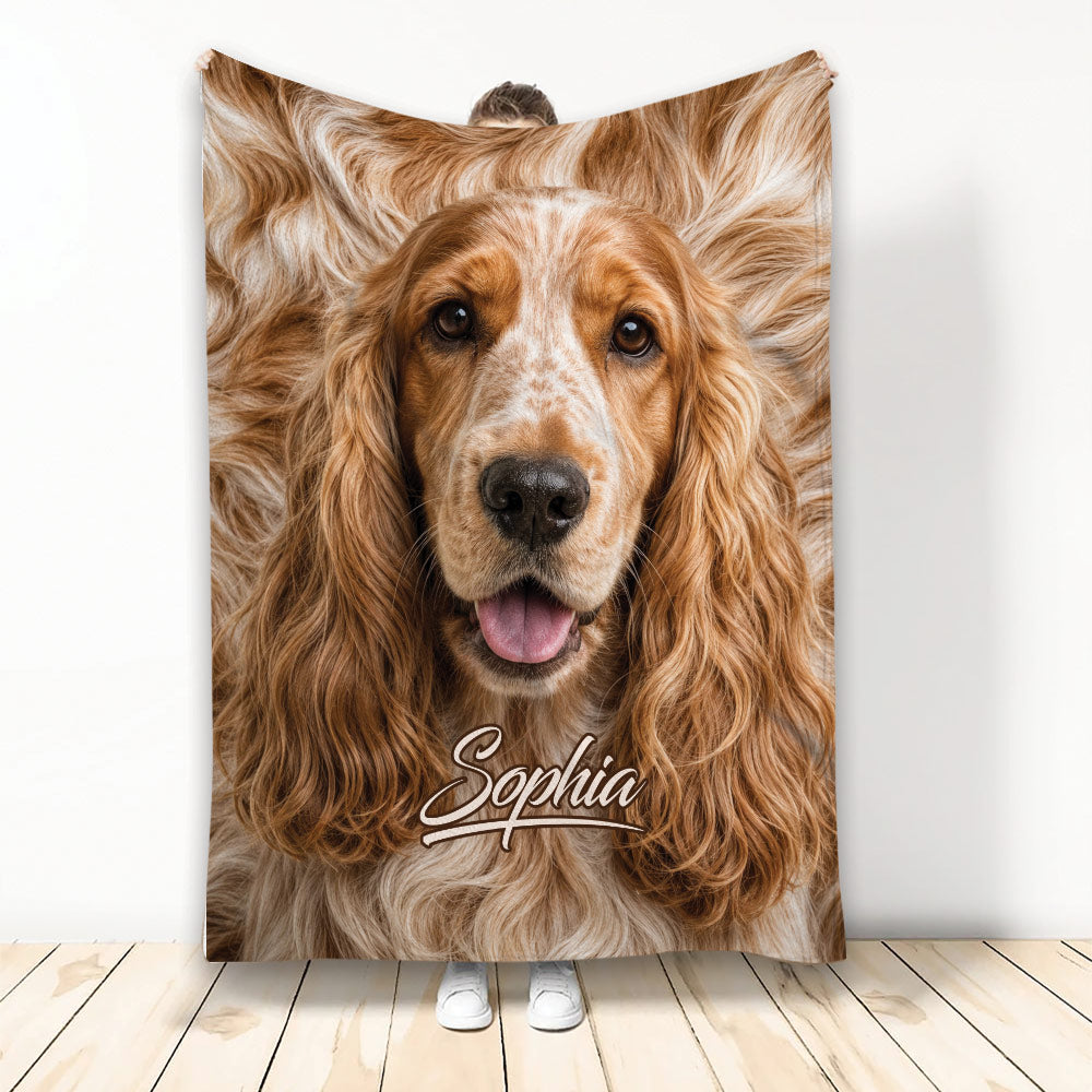 English Cocker Spaniel throw blanket with a close-up brown and white dog design