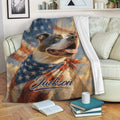 American Staffordshire dog throw blanket displayed on a sofa with patriotic painterly artwork