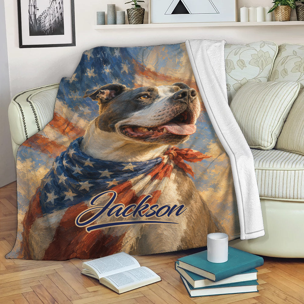 American Staffordshire dog throw blanket displayed on a sofa with patriotic painterly artwork