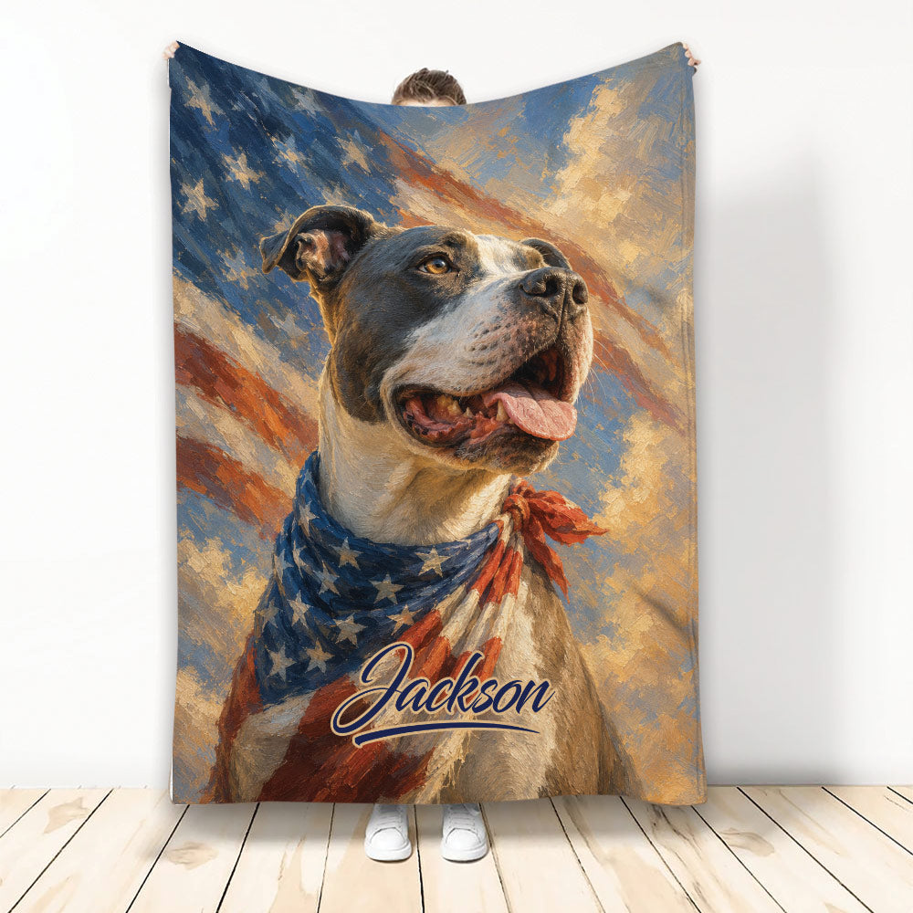 American Staffordshire dog portrait blanket with patriotic bandana and painterly blue, red, and gold artwork