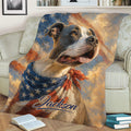 Close view of an American Staffordshire dog blanket draped over a sofa in a cozy living room