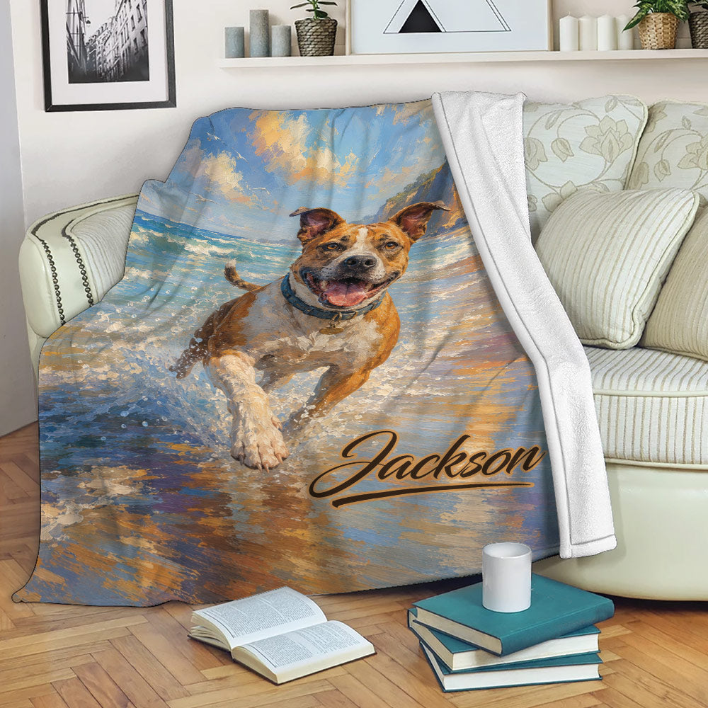 American Staffordshire throw blanket displayed on a sofa with vibrant beach and ocean dog artwork