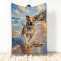 American Staffordshire blanket featuring a happy dog running through ocean waves in colorful coastal artwork