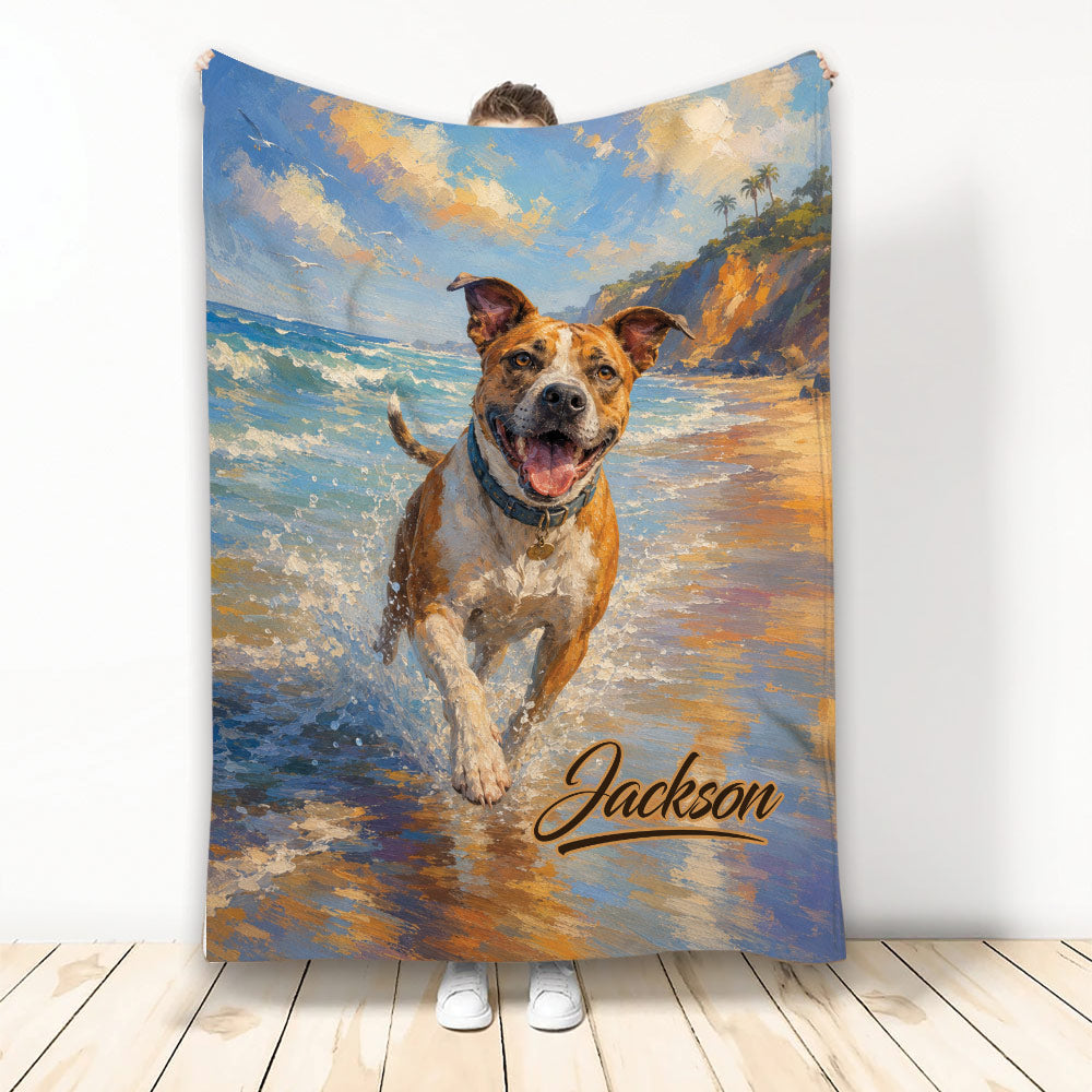 American Staffordshire blanket featuring a happy dog running through ocean waves in colorful coastal artwork