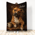 American Staffordshire dog blanket with rustic brown artwork and coffee mug