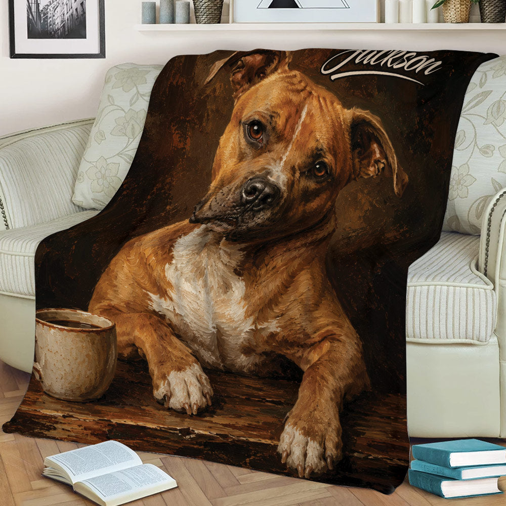 Close view of an American Staffordshire dog throw blanket in warm painterly tones