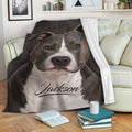 American Staffordshire dog throw blanket draped over a sofa in a cozy living room