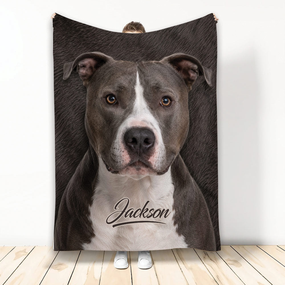 American Staffordshire dog artwork printed across a blanket displayed against a light wall