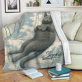 Russian Blue cat throw blanket displayed on a sofa with blue winter artwork and cozy reading decor