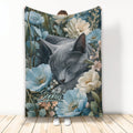Russian Blue cat throw blanket with blue and cream flowers in a cozy full blanket display