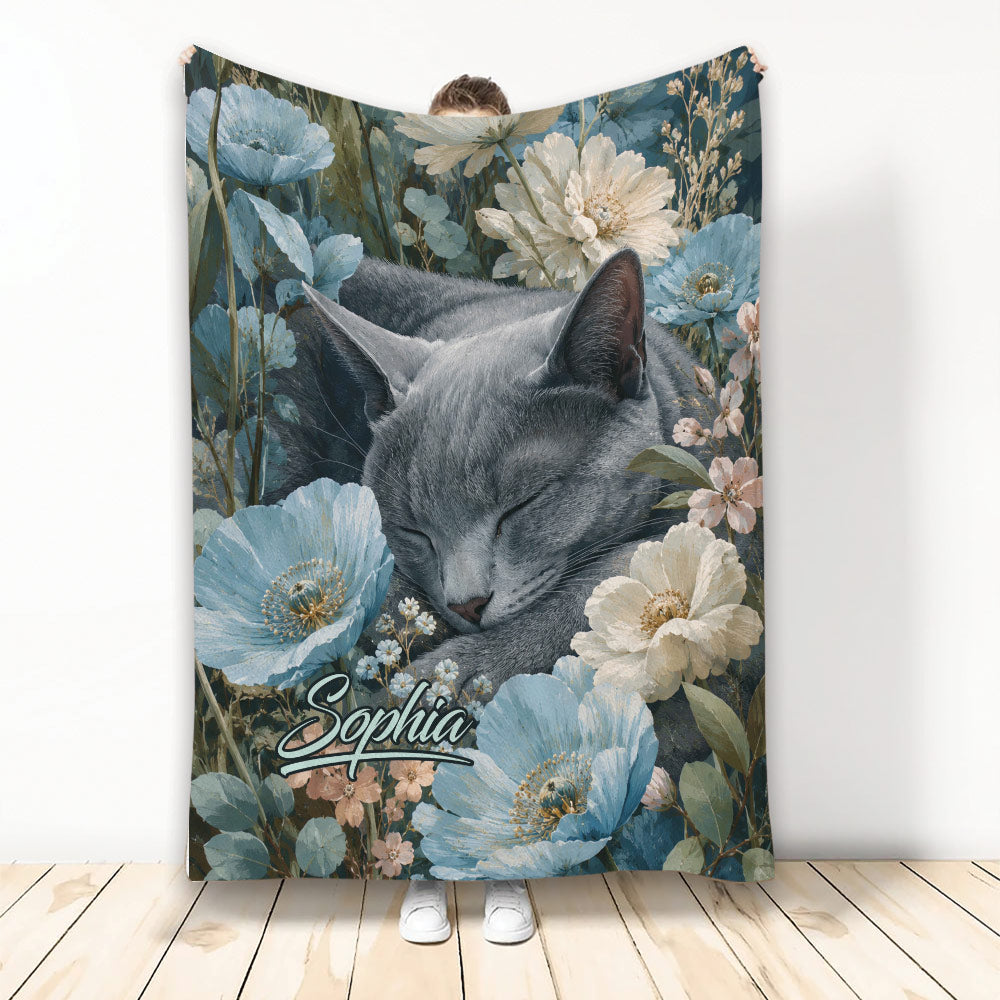 Russian Blue cat throw blanket with blue and cream flowers in a cozy full blanket display