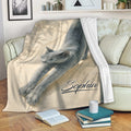 Russian Blue cat throw blanket with watercolor artwork draped over a cozy sofa