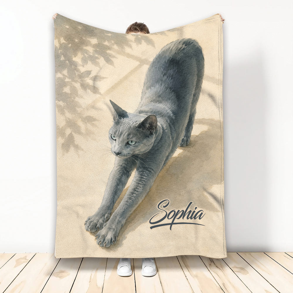 Russian Blue cat watercolor artwork on a custom throw blanket shown in a standing lifestyle display