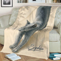 Watercolor Russian Blue cat blanket styled across a sofa with a calm neutral home decor setting