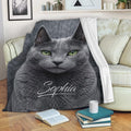 Russian Blue cat blanket draped over a sofa in a cozy living room setting