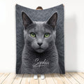 Russian Blue cat throw blanket displayed vertically with gray fur and vivid green eyes