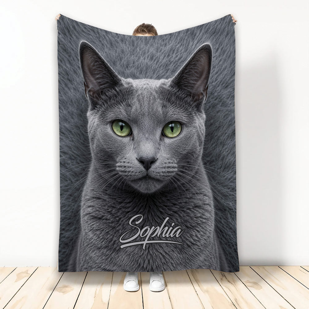 Russian Blue cat throw blanket displayed vertically with gray fur and vivid green eyes