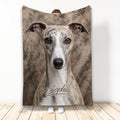 Whippet throw blanket displayed vertically with realistic brindle sighthound artwork in warm neutral tones