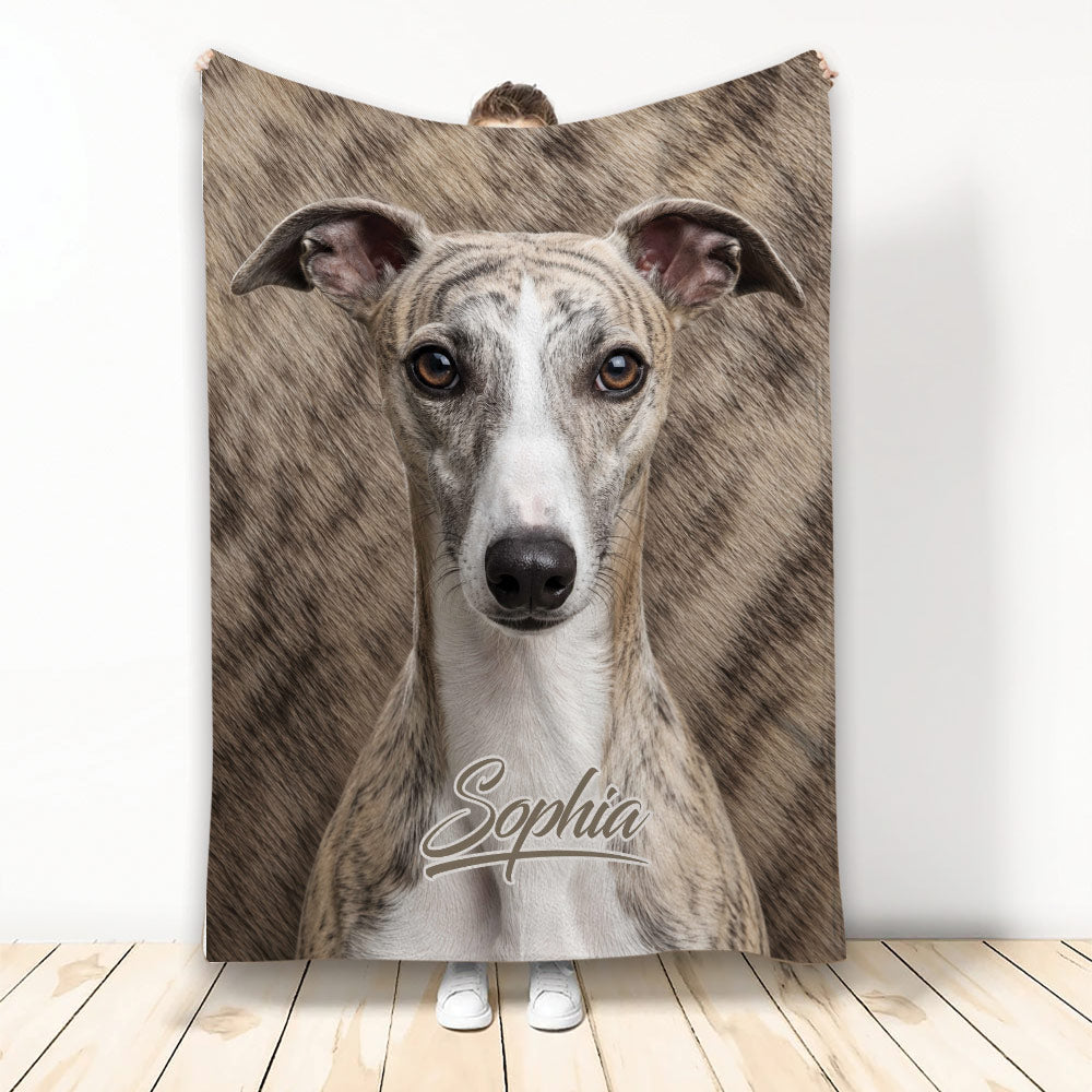 Whippet throw blanket displayed vertically with realistic brindle sighthound artwork in warm neutral tones