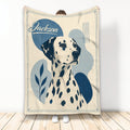 Dalmatian throw blanket featuring a spotted dog portrait with blue botanical and geometric artwork