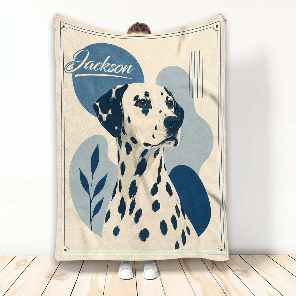 Dalmatian throw blanket featuring a spotted dog portrait with blue botanical and geometric artwork