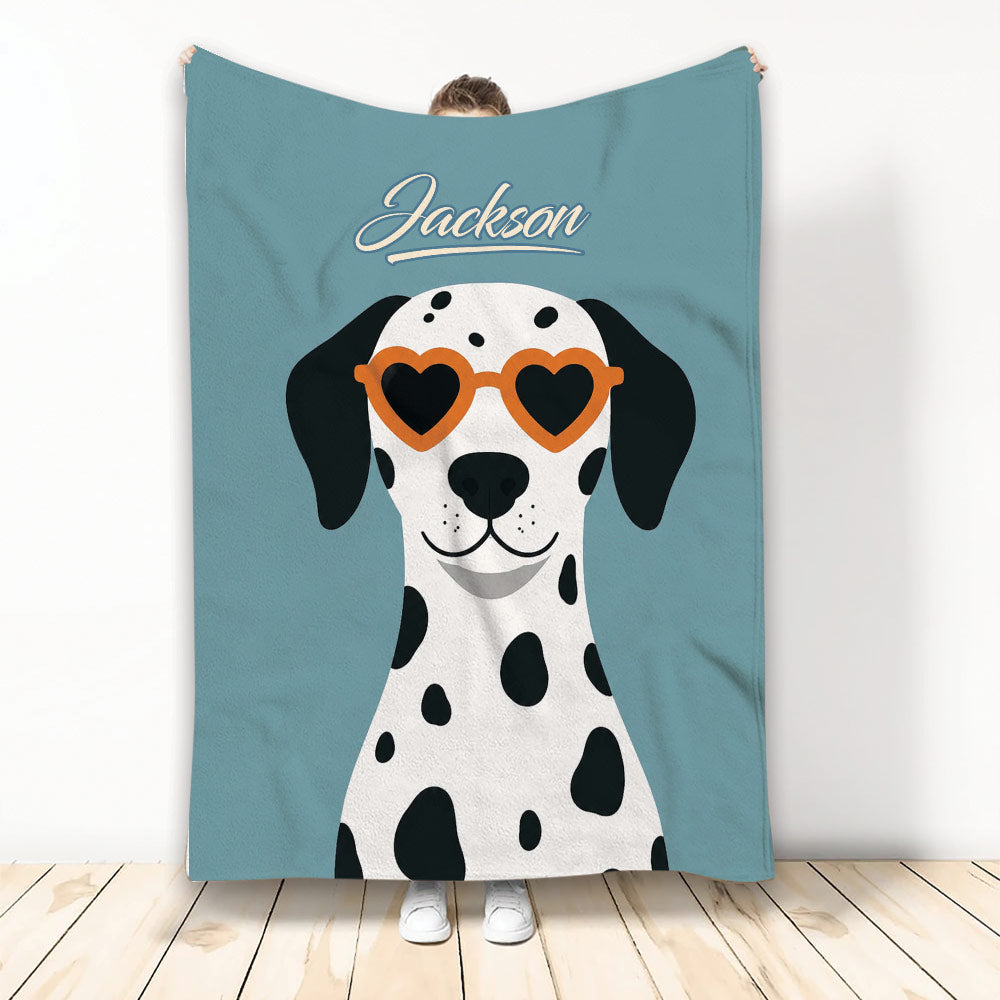 Dalmatian throw blanket featuring a spotted dog wearing orange heart-shaped sunglasses