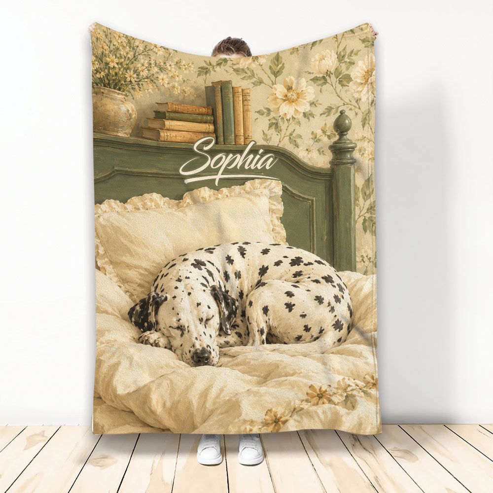 Dalmatian dog throw blanket with vintage floral bedroom artwork and warm neutral colors