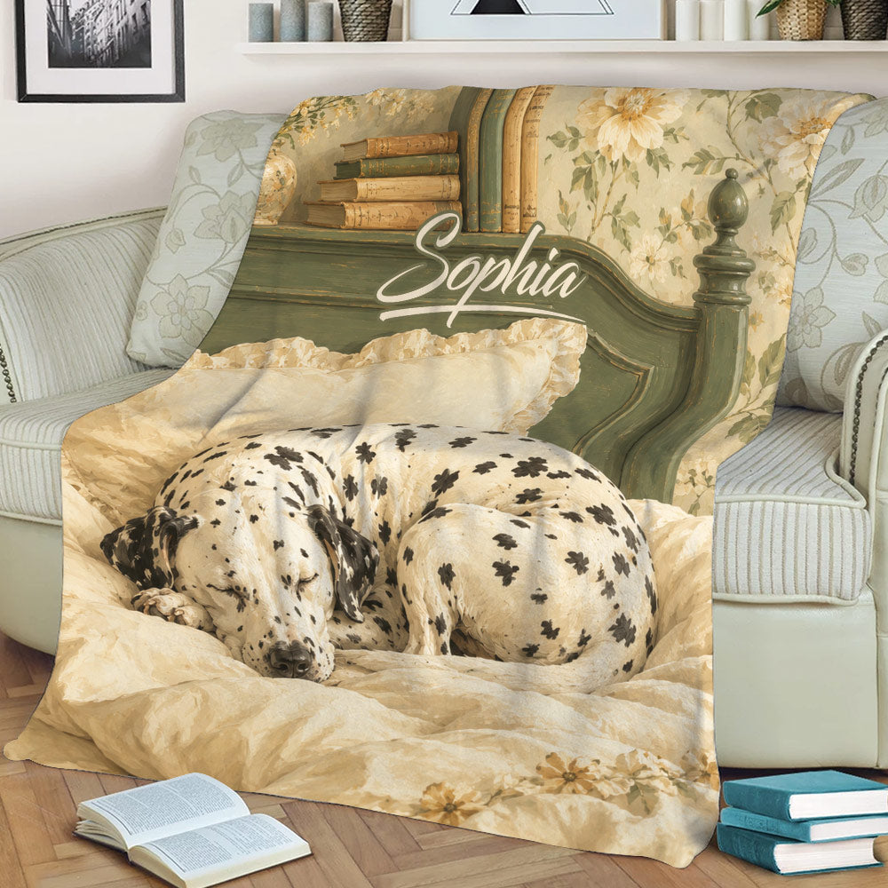 Close view of a Dalmatian dog throw blanket on a sofa with floral vintage decor