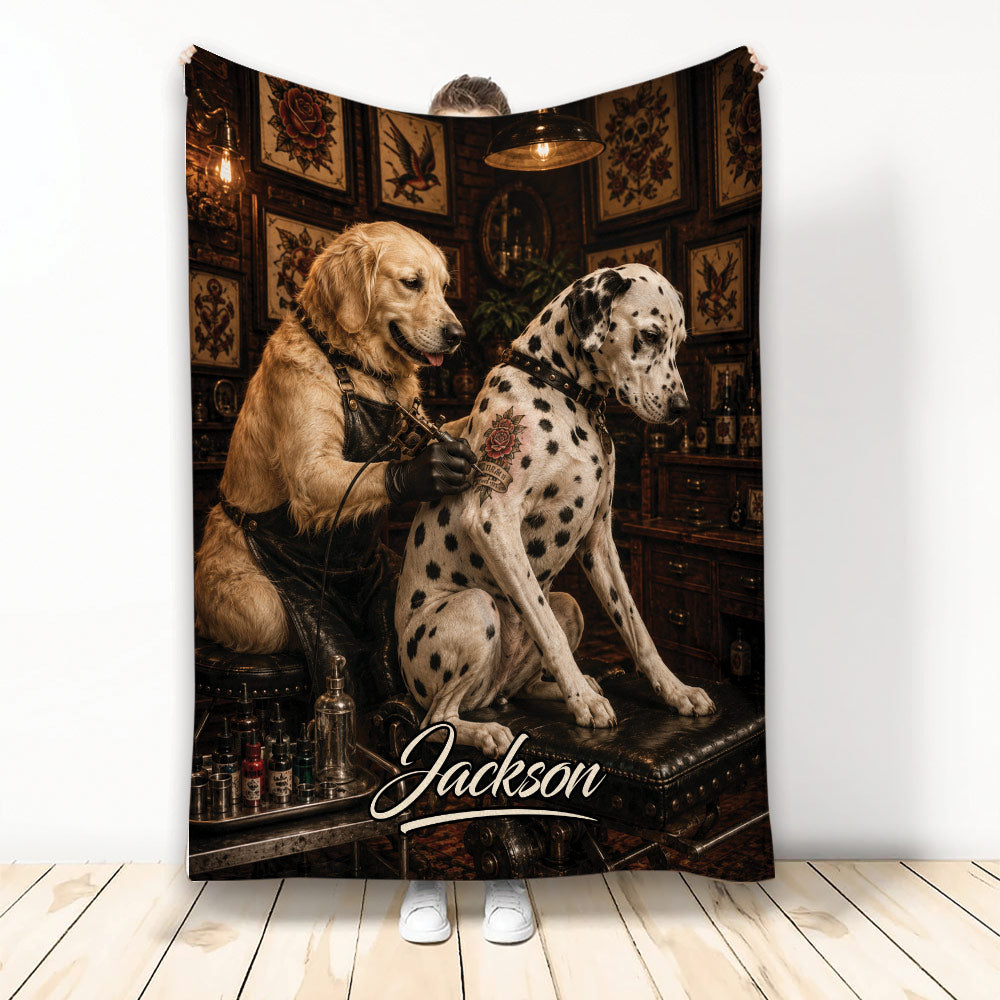 Dalmatian throw blanket featuring a tattoo-inspired dog artwork scene in a dark vintage studio