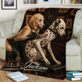 Dalmatian throw blanket on a couch featuring detailed tattoo artist dog artwork