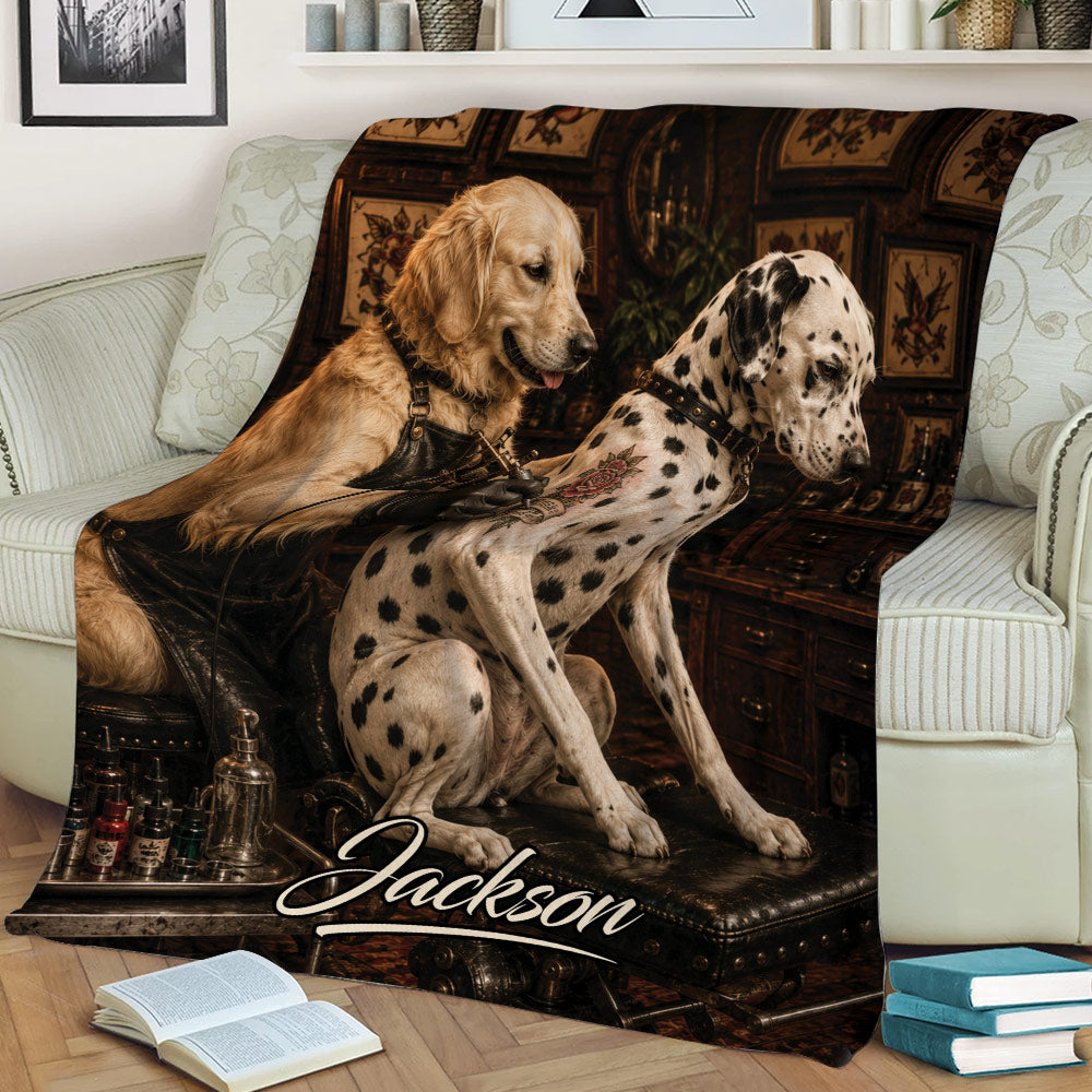 Dalmatian throw blanket on a couch featuring detailed tattoo artist dog artwork