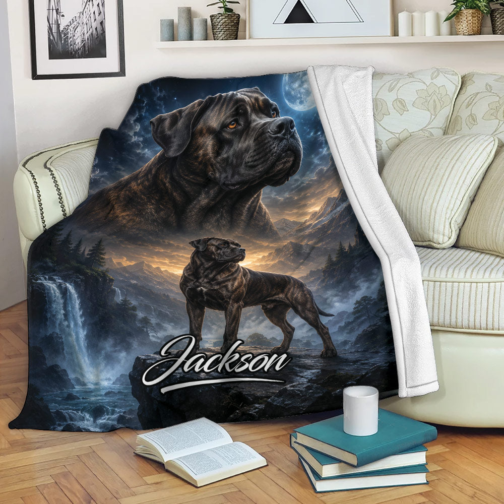 Cane Corso throw blanket displayed on a sofa with mountain scenery, waterfall, moon, and a second dog