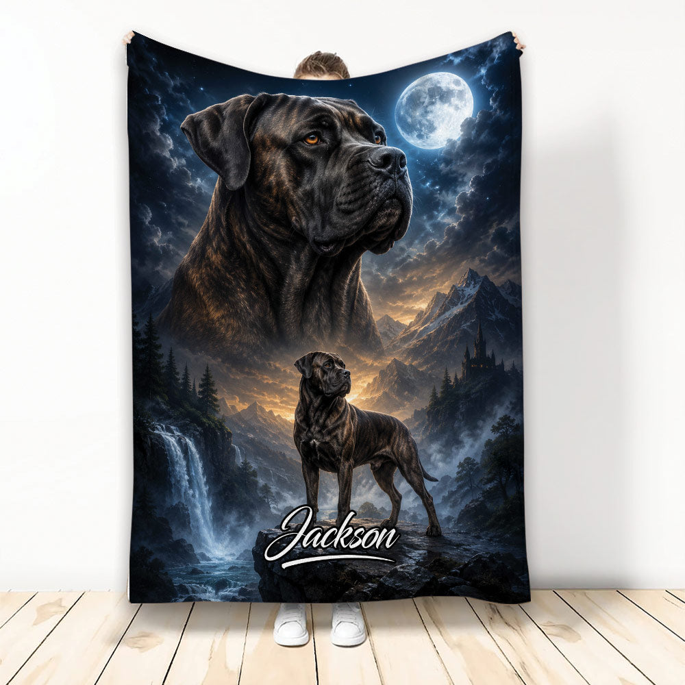 Cane Corso blanket featuring a powerful dog portrait, moonlit mountains, waterfall, and dramatic night sky