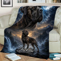 Cane Corso couch blanket showing a large dog portrait, standing dog, mountain landscape, and waterfall