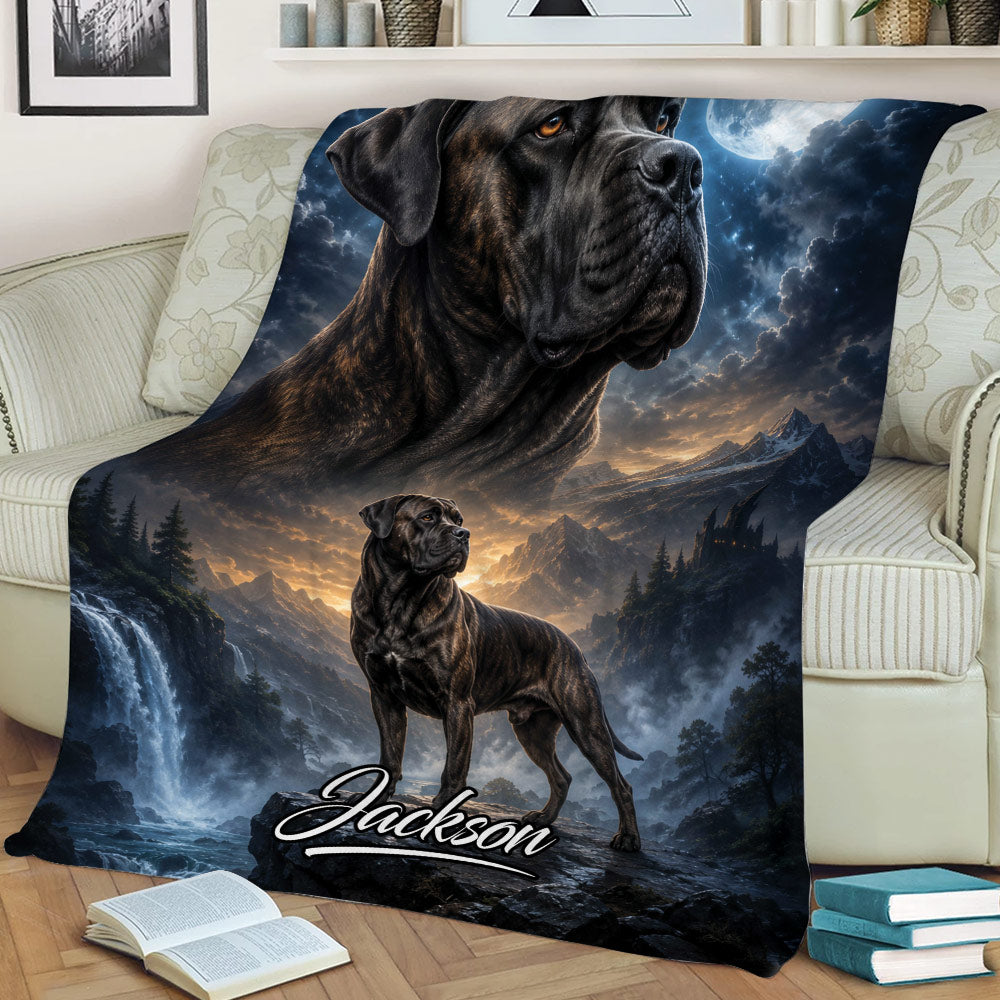 Cane Corso couch blanket showing a large dog portrait, standing dog, mountain landscape, and waterfall