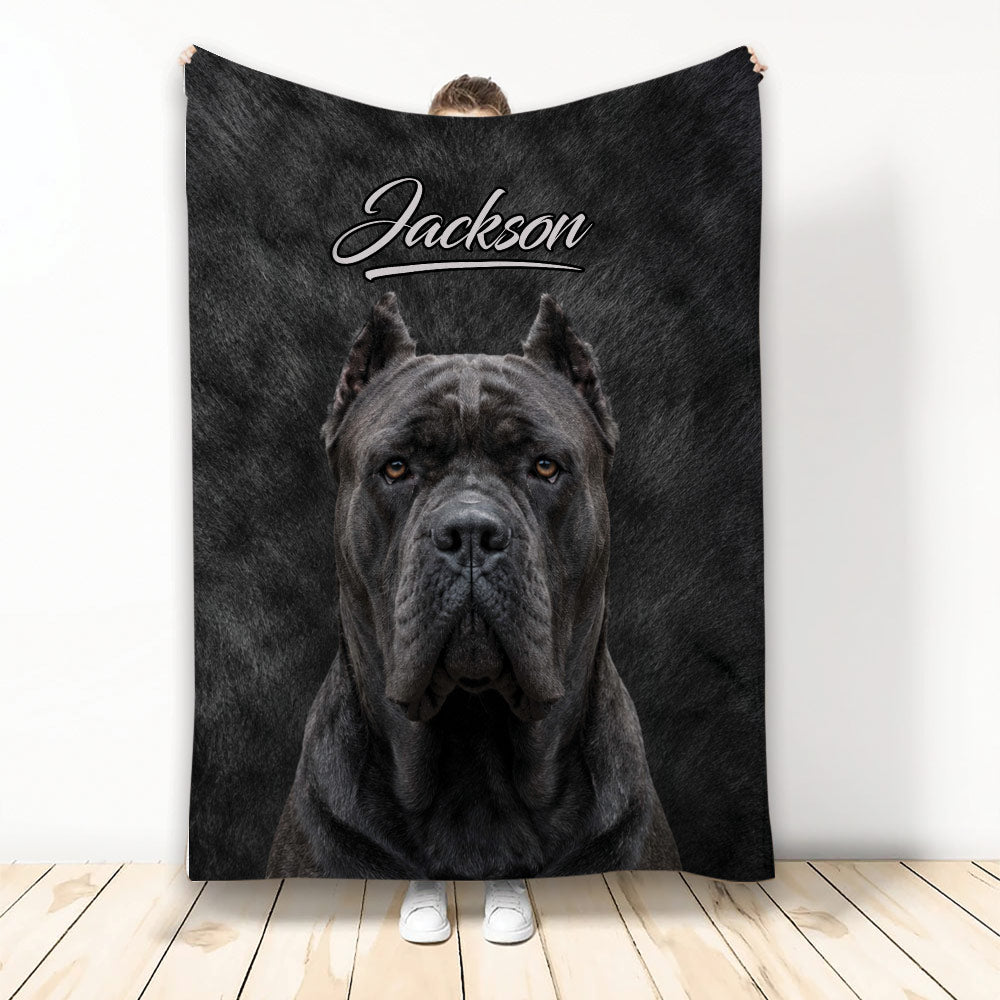 Cane Corso throw blanket featuring a powerful black dog portrait on a dark textured background