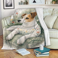 Jack Russell throw blanket with watercolor floral dog artwork styled on a living room sofa