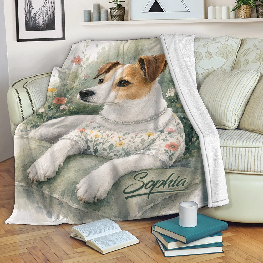 Jack Russell throw blanket with watercolor floral dog artwork styled on a living room sofa