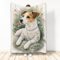 Watercolor Jack Russell dog blanket with floral artwork displayed against a light background