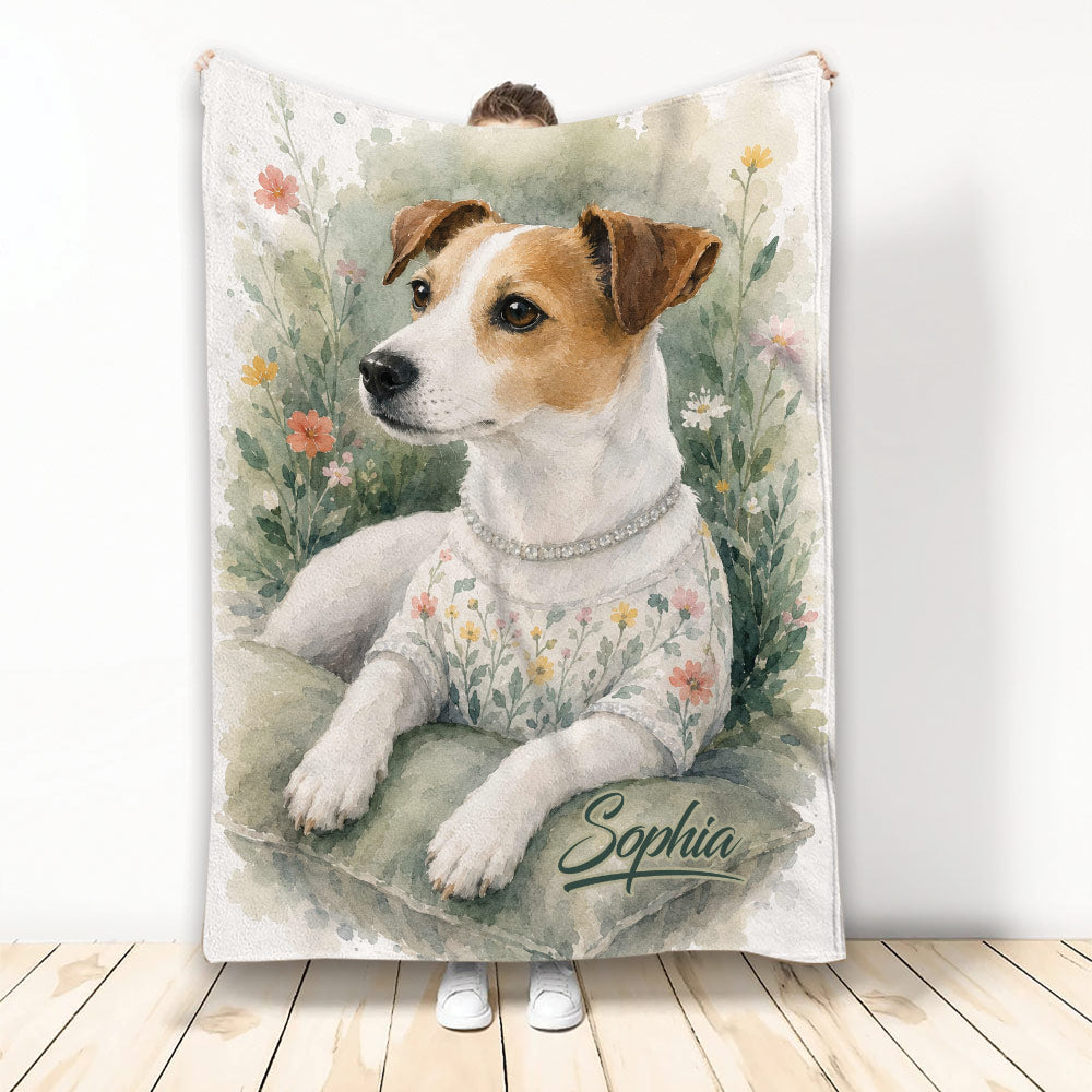 Watercolor Jack Russell dog blanket with floral artwork displayed against a light background