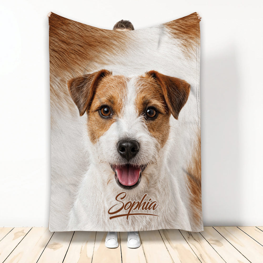 Jack Russell dog throw blanket displayed upright with realistic brown and white canine artwork