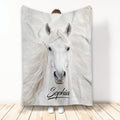 White horse blanket displayed vertically with flowing mane and soft monochrome equestrian artwork