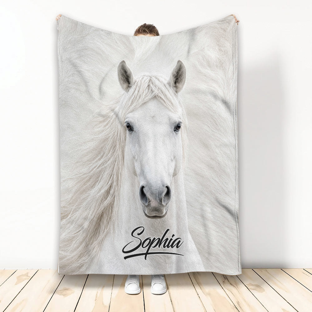White horse blanket displayed vertically with flowing mane and soft monochrome equestrian artwork