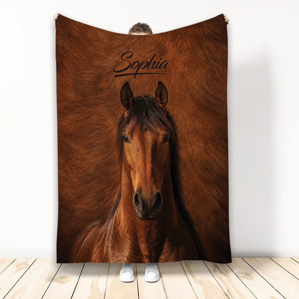 Custom horse throw blanket featuring a realistic brown horse against a rich brown equestrian-themed background