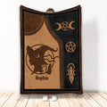 Wicca blanket with witch silhouette, triple moon, pentacle symbols, and earthy brown and black artwork