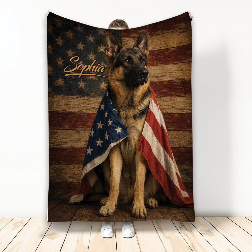 German Shepherd blanket with patriotic American flag artwork on a rustic wood background