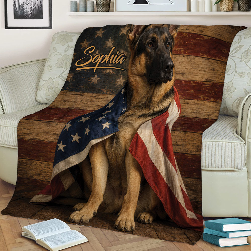 German Shepherd throw blanket featuring American flag colors styled across a living room sofa