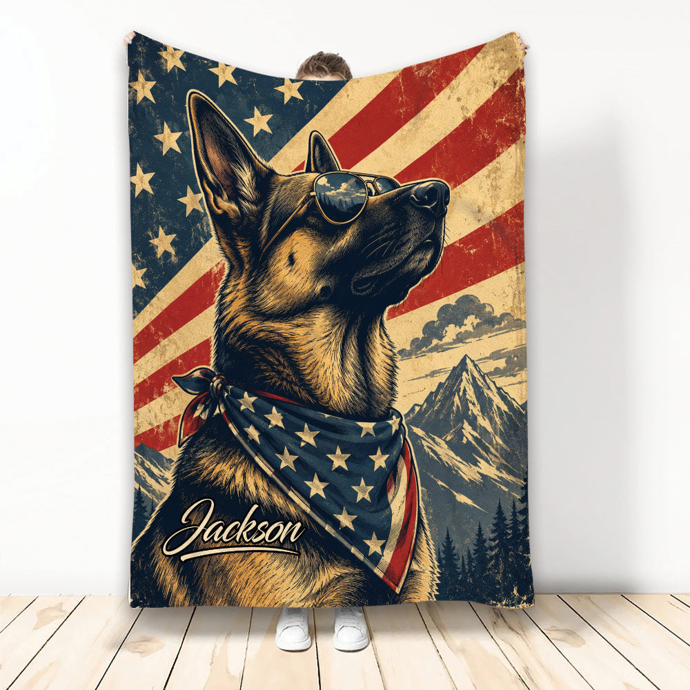 German Shepherd throw blanket with patriotic stars, stripes, mountain scenery, bandana and aviator glasses