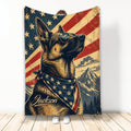 German Shepherd throw blanket with patriotic stars, stripes, mountain scenery, bandana and aviator glasses